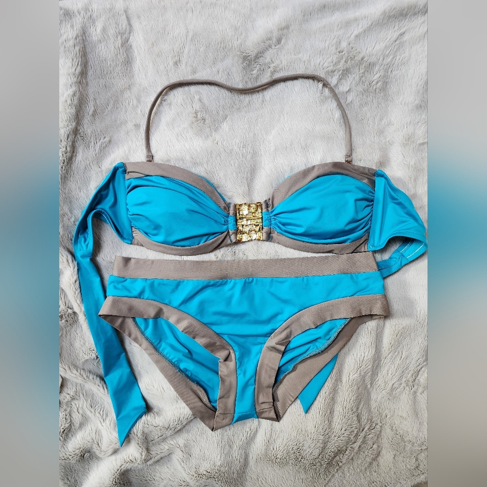 Blue and Grey Bikini with Gold Accent